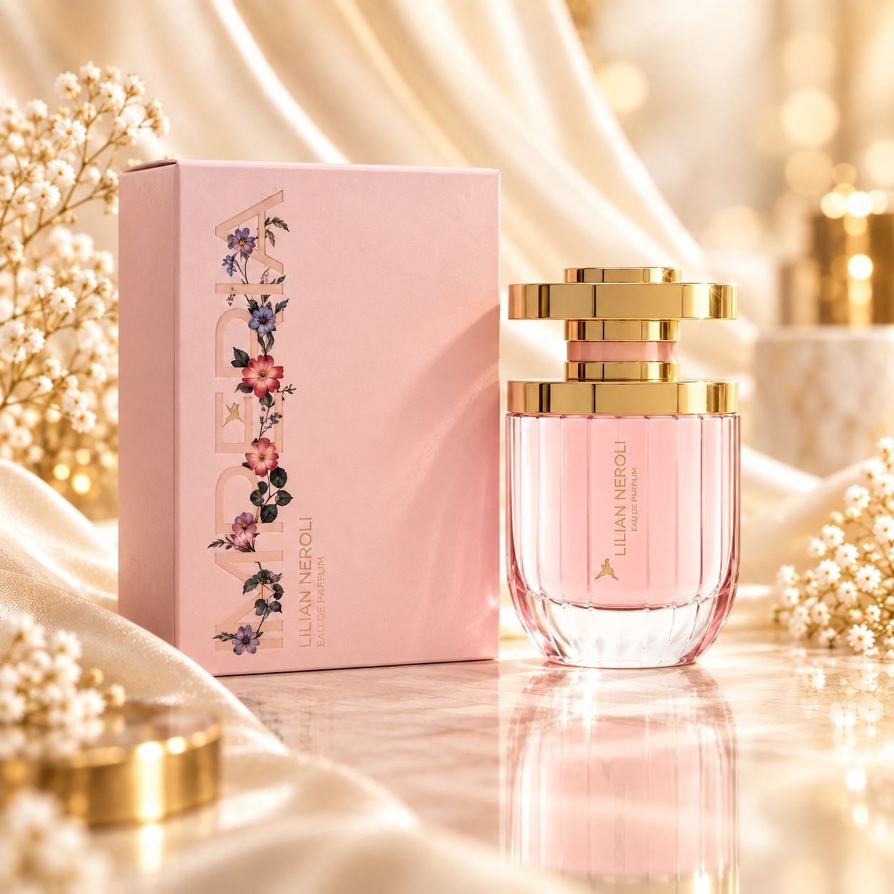 Parfum Le Gazelle Imperia Pink 100 ml, flacon roz șampanie și cutie roz cu detalii aurii
