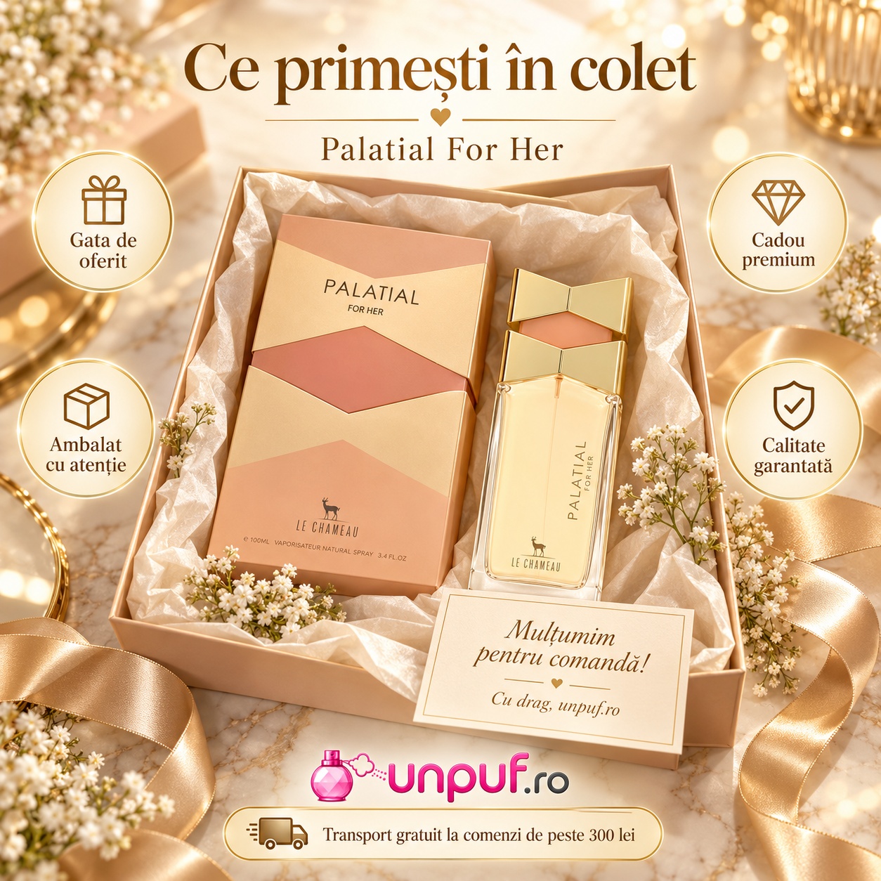 Ce primești în colet la parfumul Palatial For Her 100 ml, ambalaj atent, cadou premium și calitate garantată
