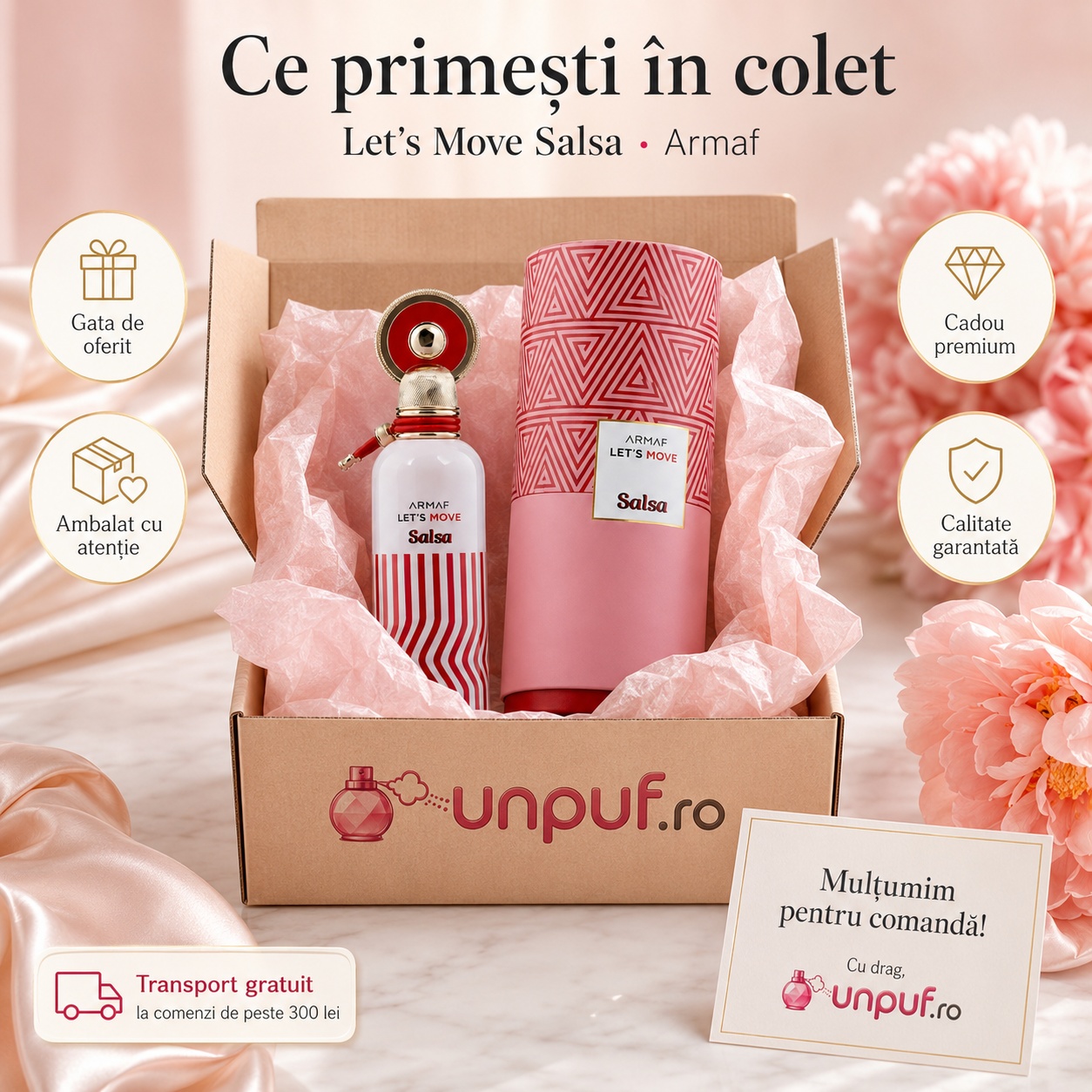 Ce primești &icirc;n colet Parfum Let&rsquo;s Move Salsa Armaf 100 ml ambalat cu atenție