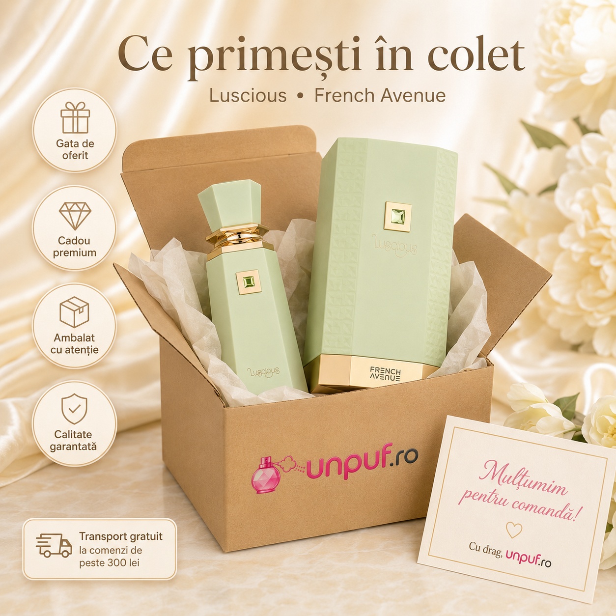 Ce primești &icirc;n colet Luscious French Avenue parfum arabesc de damă ambalat cu atenție de unpuf.ro