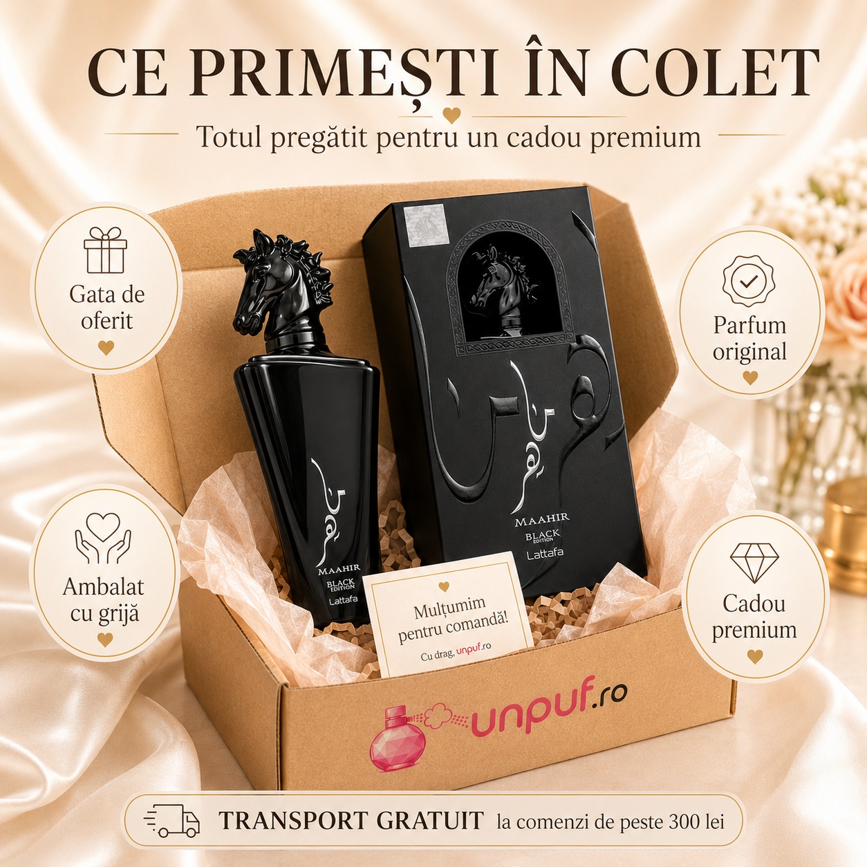 Ce primești &icirc;n colet Maahir Black Edition Lattafa parfum arabesc bărbătesc ambalat cu grijă de unpuf.ro cadou premium transport gratuit peste 300 lei