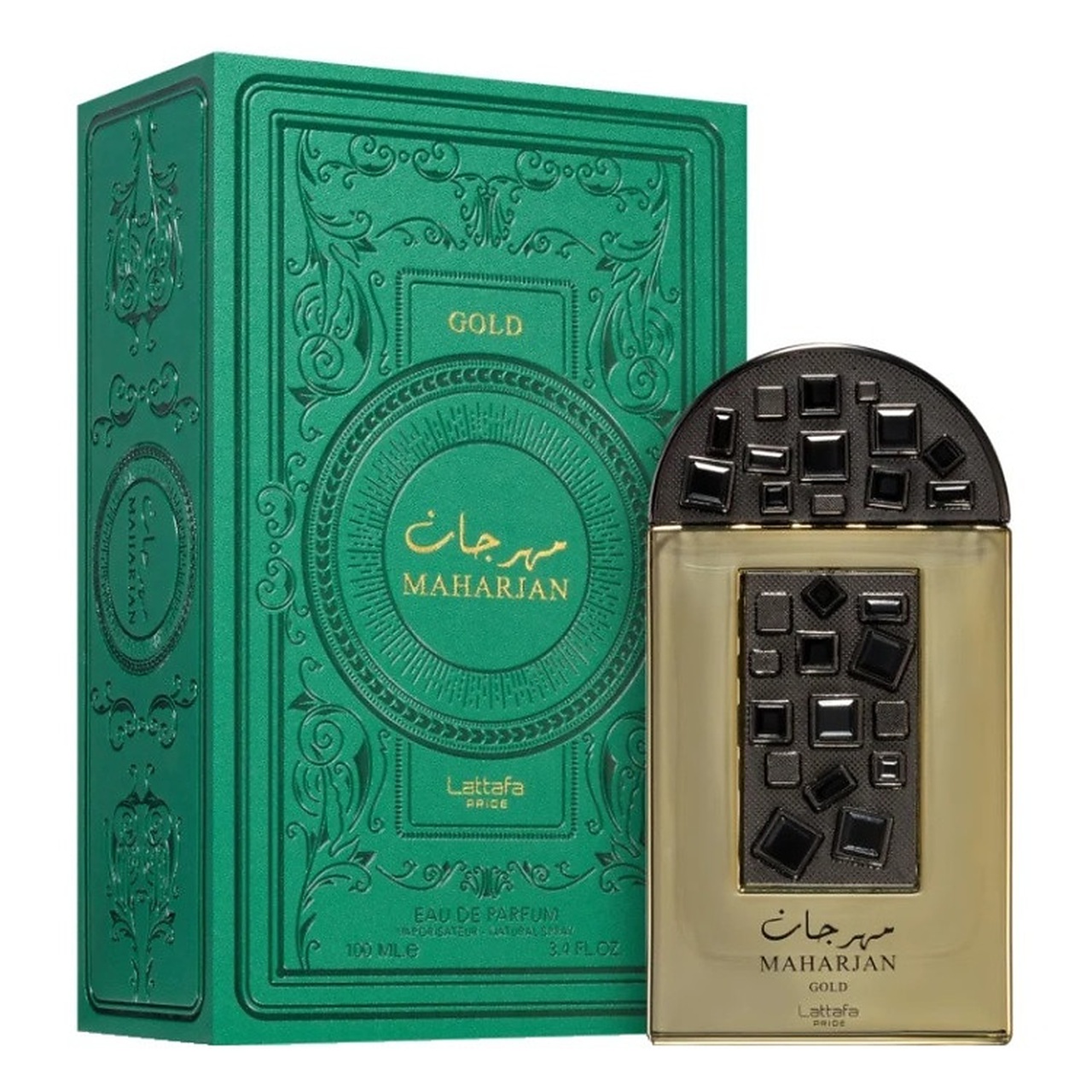 Maharjan Gold Lattafa Pride 100 ml sticlă și cutie produs pe fundal alb