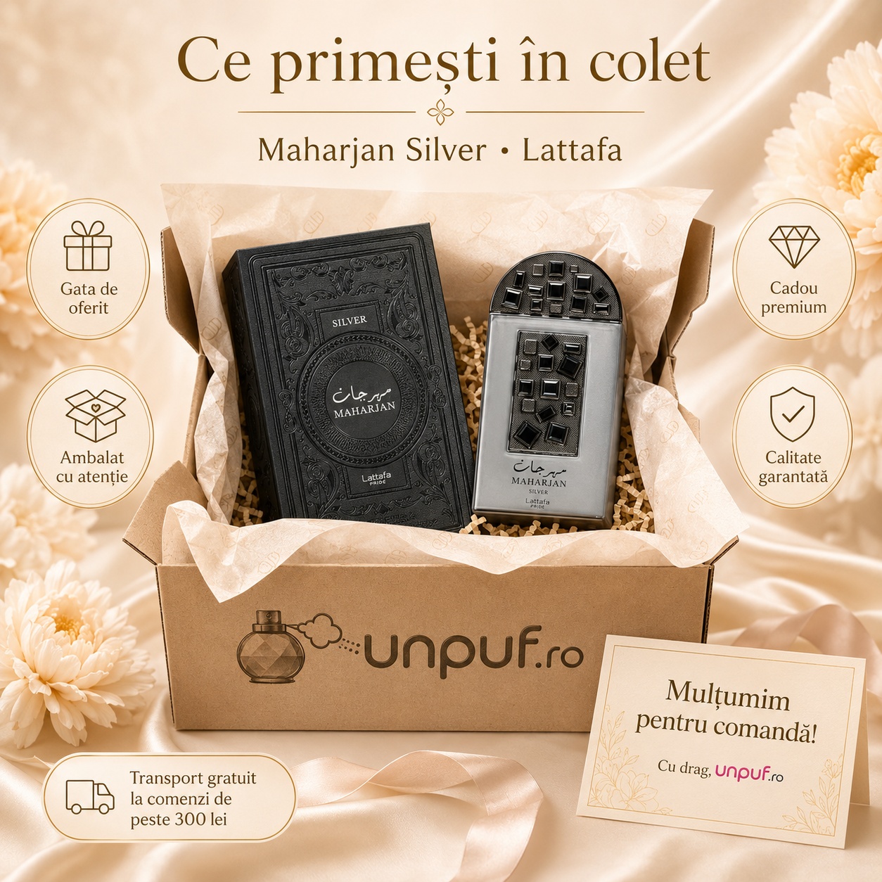Ce primești &icirc;n colet Maharjan Silver Lattafa Pride parfum arabesc bărbătesc ambalat cu atenție de unpuf.ro cadou premium transport gratuit peste 300 lei