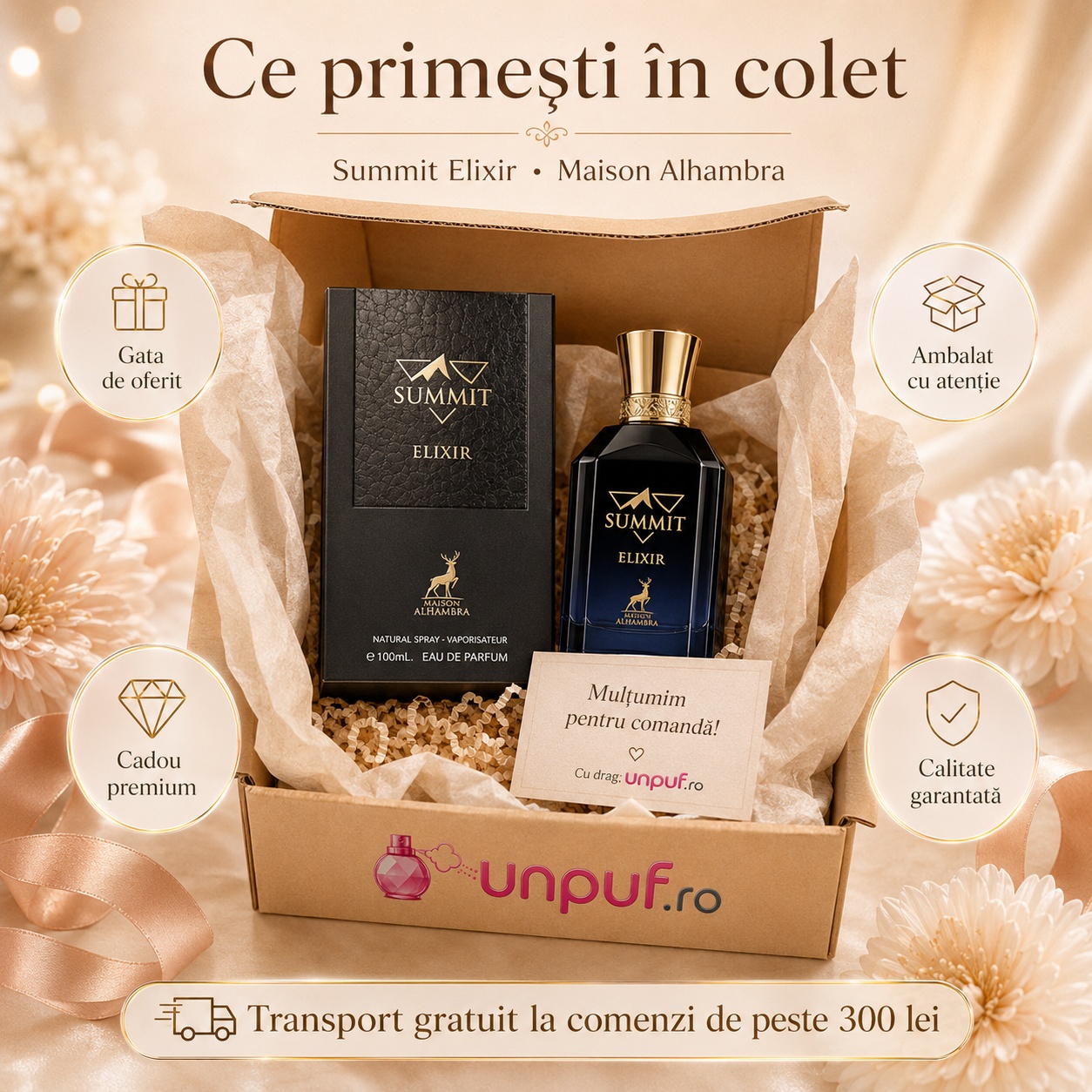 Ce primești în colet Maison Alhambra Summit Elixir 100 ml, parfum original și ambalaj premium