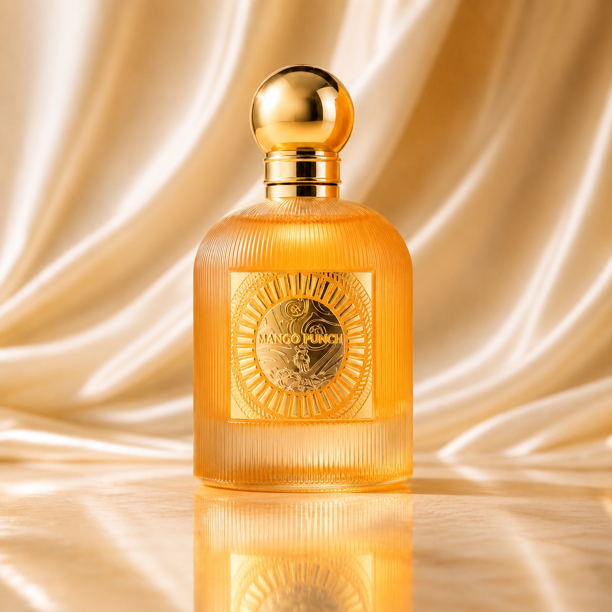 Sticlă parfum Mango Punch Emir 100 ml cu design galben portocaliu și detalii aurii