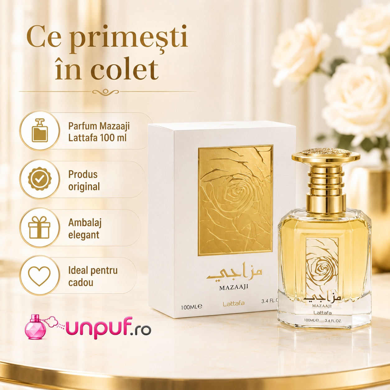 Ce primești &icirc;n colet Mazaaji Lattafa parfum arabesc de damă ambalat cu atenție de unpuf.ro cadou premium