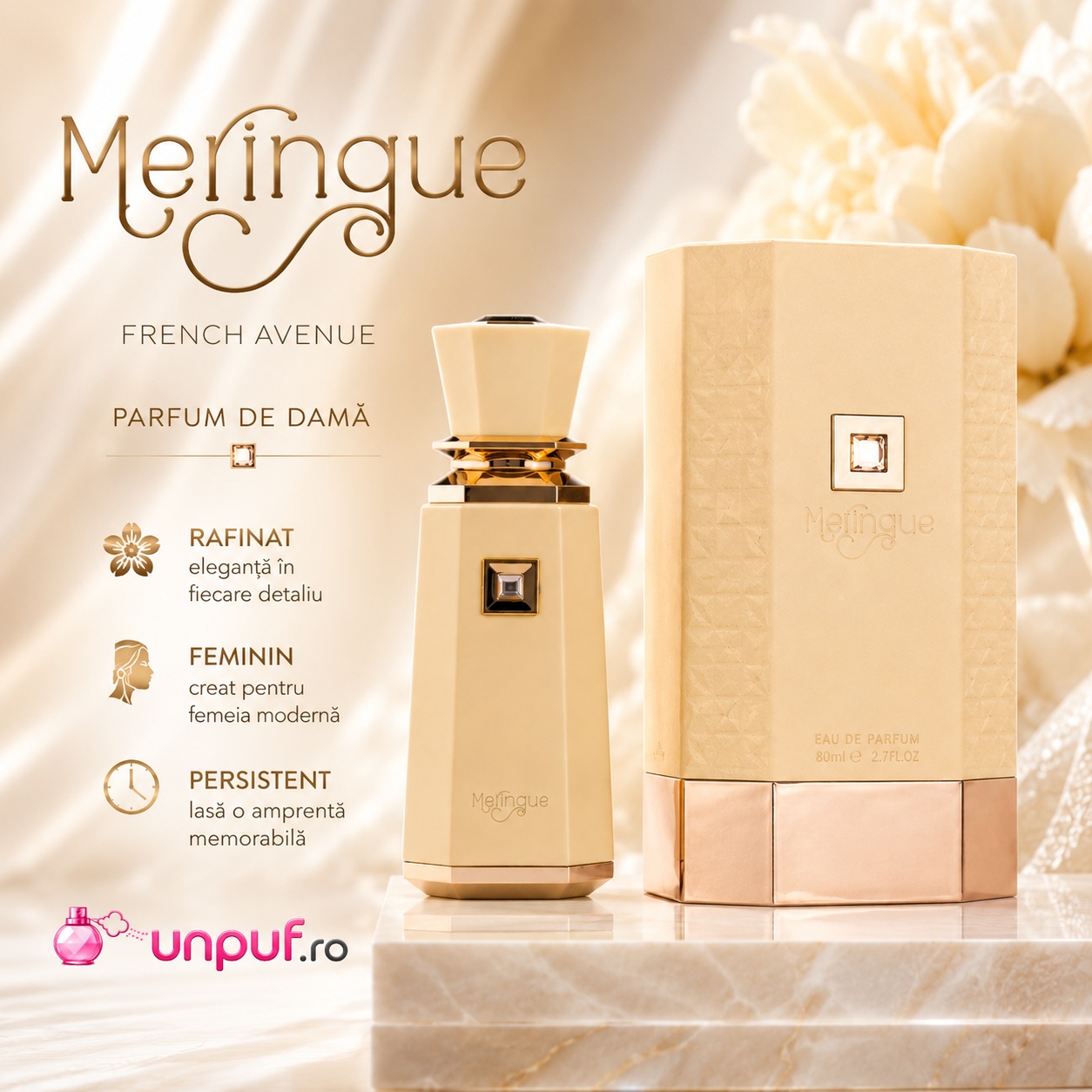 Prezentare parfum Meringue French Avenue cu eleganță rafinată, parfum de damă și persistență memorabilă