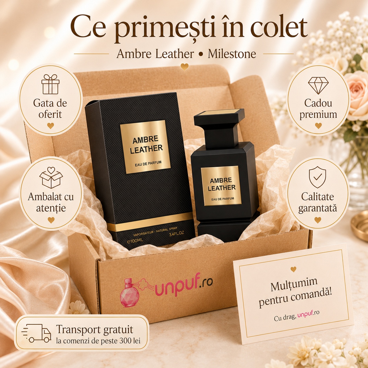 Ce primești &icirc;n colet Milestone Black Leather parfum arabesc bărbătesc ambalat cu atenție de unpuf.ro