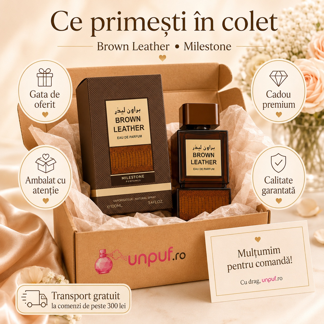Ce primești &icirc;n colet Milestone Brown Leather parfum arabesc unisex ambalat cu atenție de unpuf.ro cadou premium transport gratuit peste 300 lei