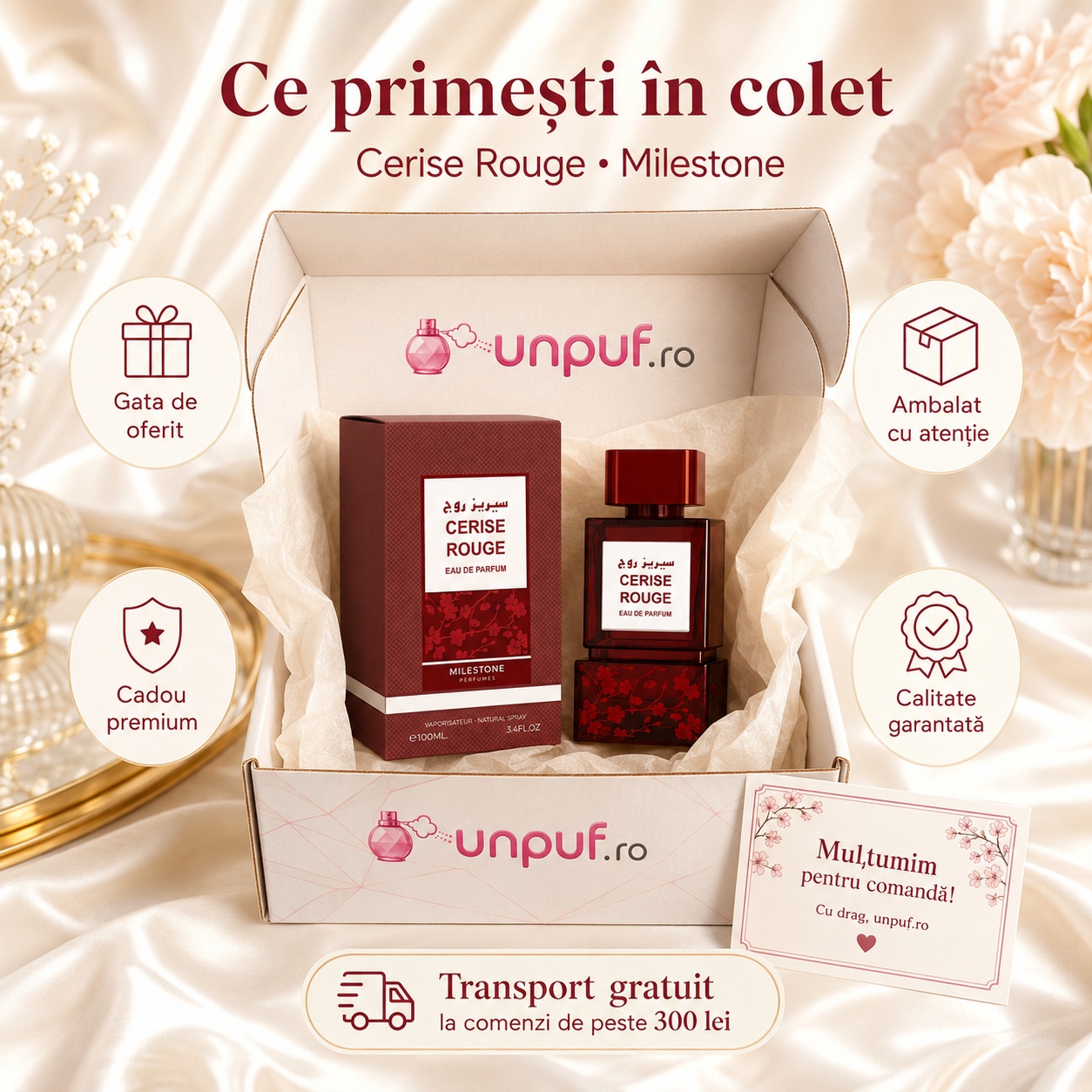 Ce primești &icirc;n colet Milestone Cerise Rouge parfum arabesc unisex ambalat cu atenție de unpuf.ro