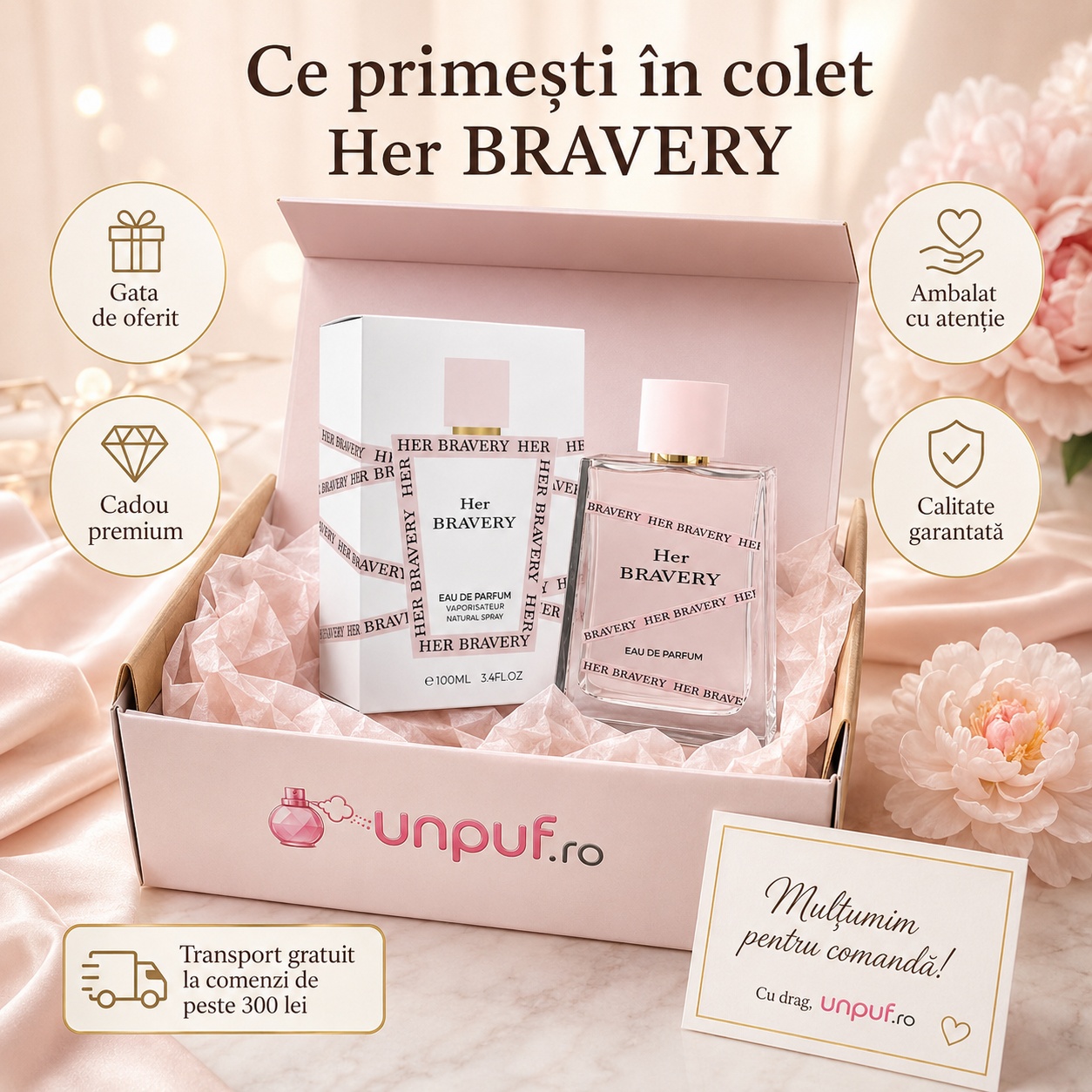 Ce primești &icirc;n colet Milestone Her Bravery parfum arabesc de damă ambalat cu atenție de unpuf.ro