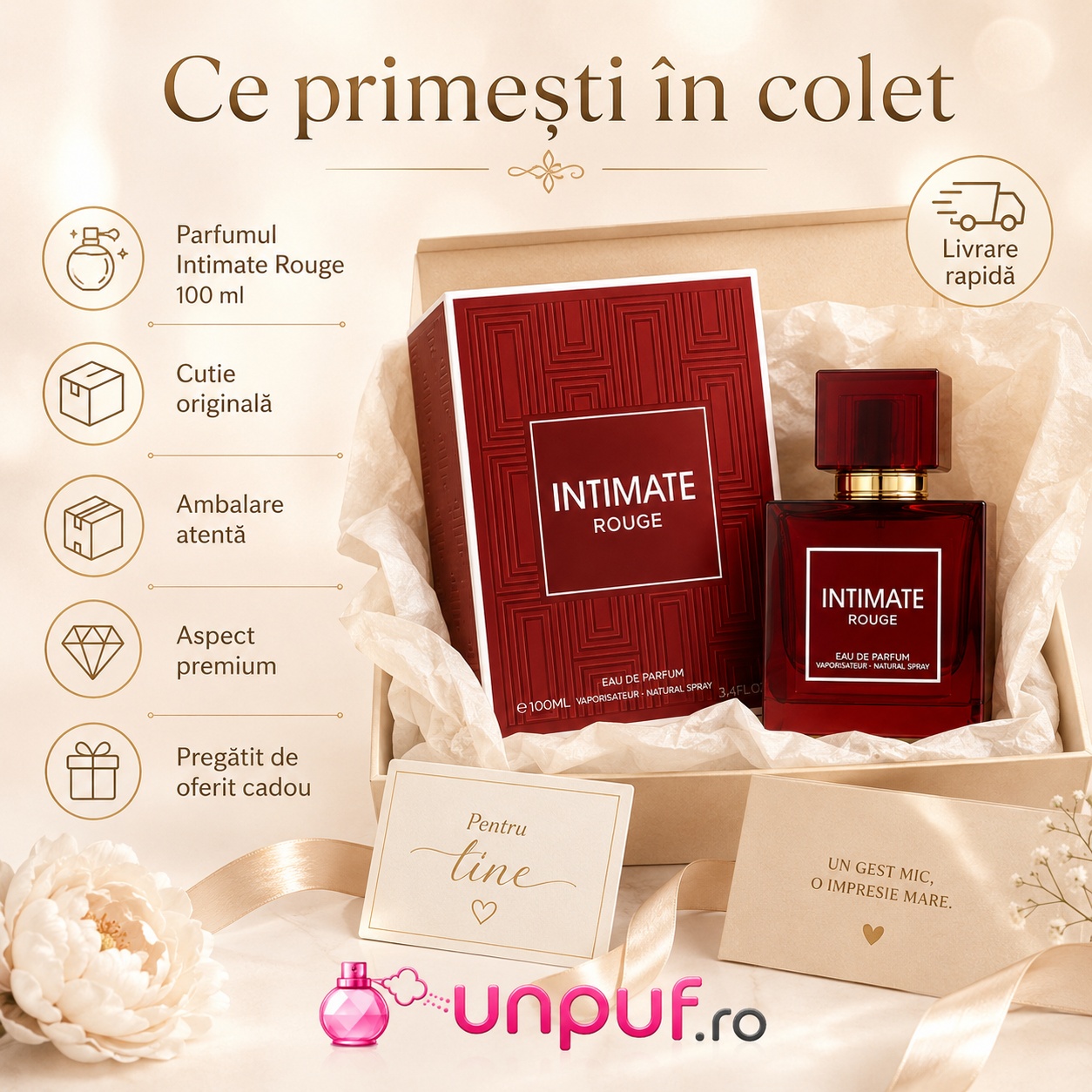 Ce primești &icirc;n colet Milestone Intimate Rouge parfum arabesc unisex ambalat cu atenție de unpuf.ro cadou premium transport gratuit peste 300 lei