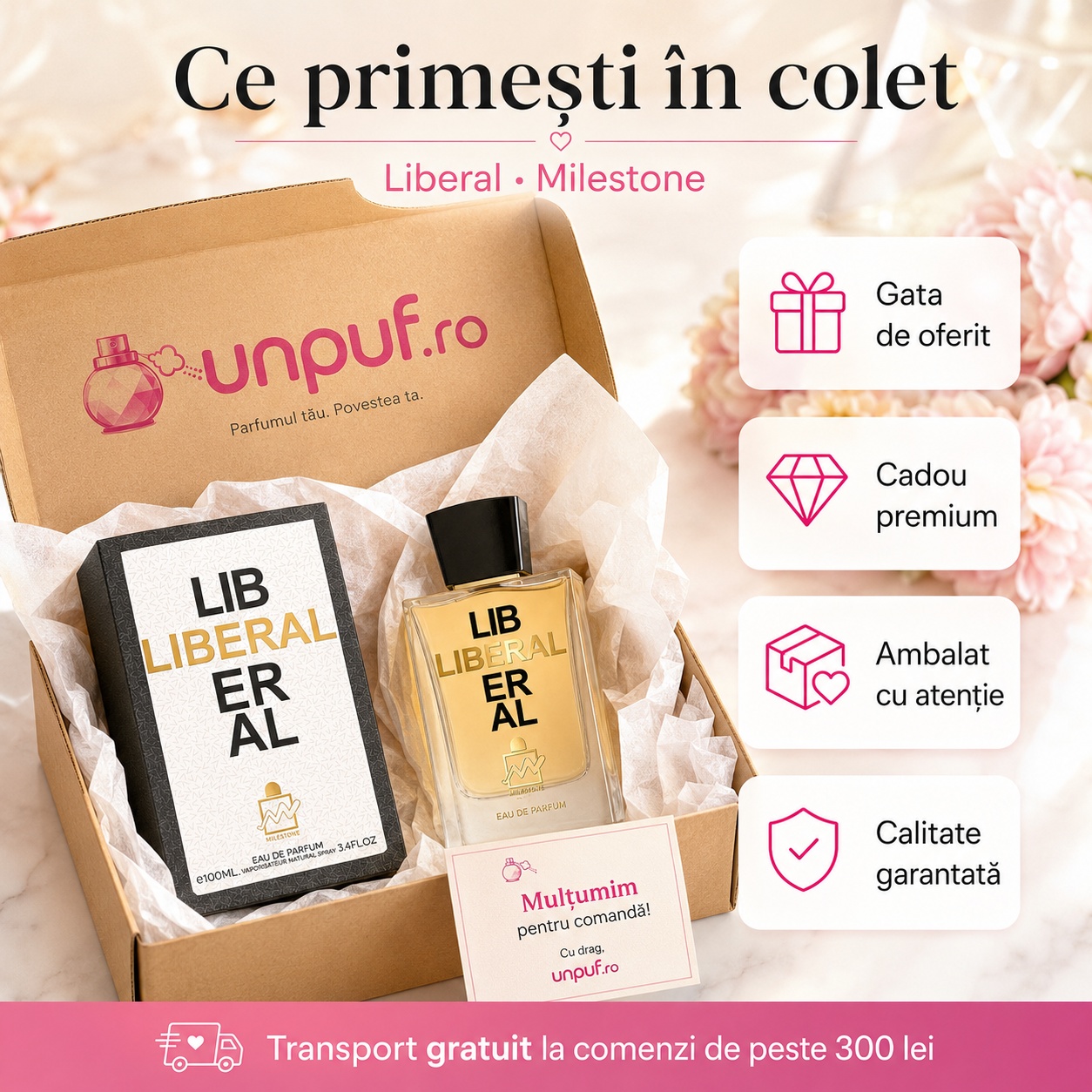 Ce primești &icirc;n colet Milestone Liberal parfum arabesc de damă ambalat cu atenție de unpuf.ro cadou premium transport gratuit peste 300 lei