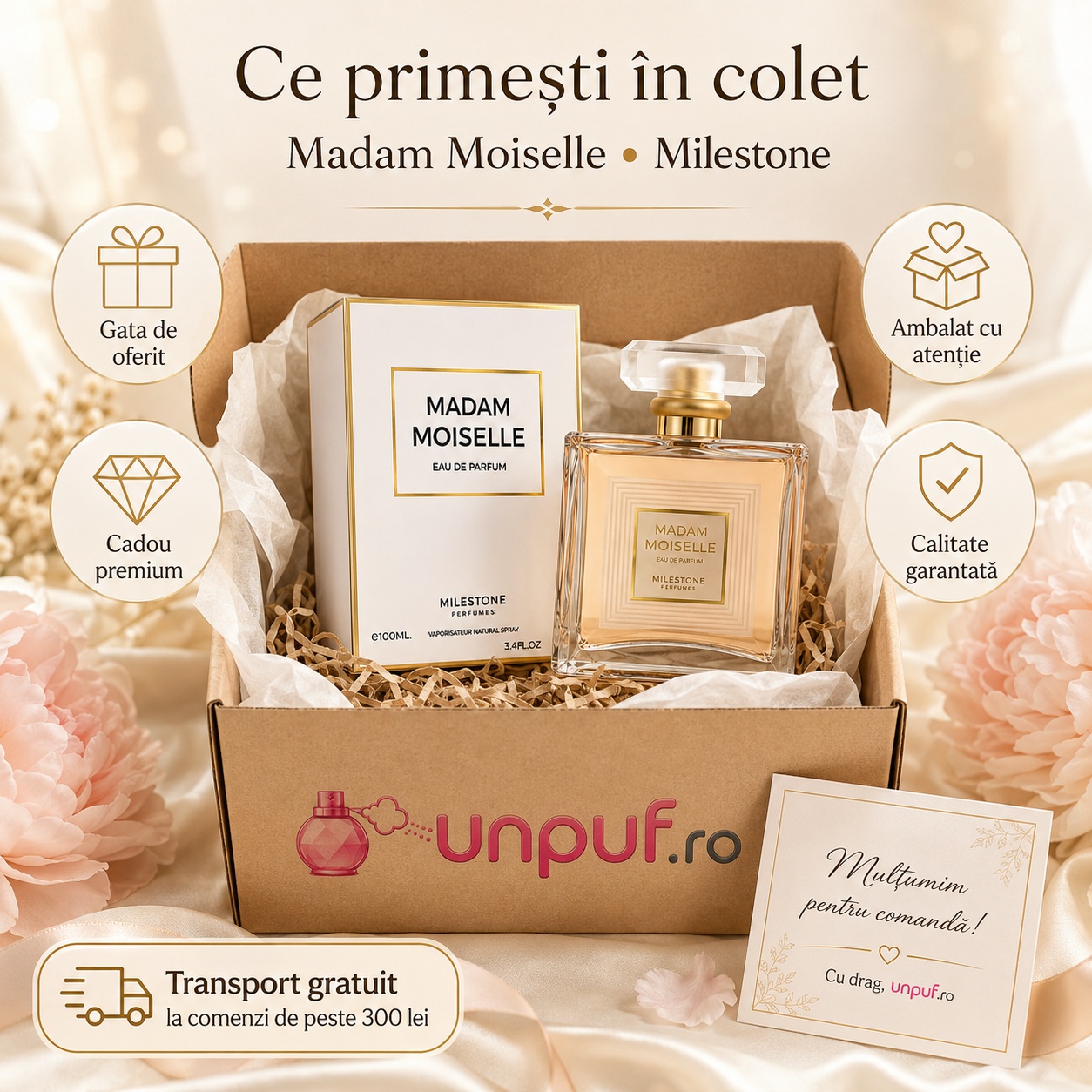 Ce primești &icirc;n colet Milestone Madam Moiselle parfum arabesc de damă ambalat cu atenție de unpuf.ro