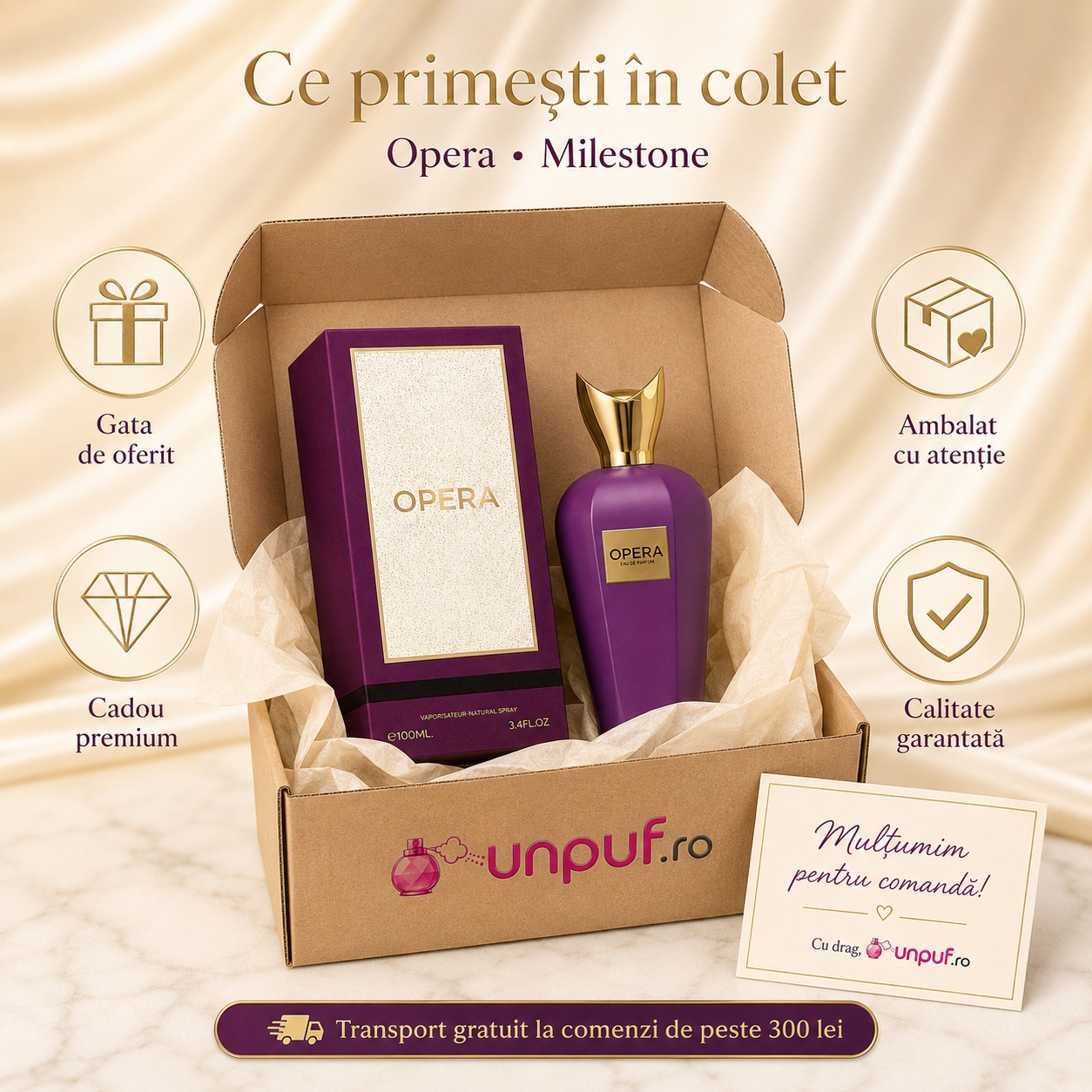 Ce primești &icirc;n colet Milestone Opera parfum arabesc unisex ambalat cu atenție de unpuf.ro cadou premium transport gratuit peste 300 lei