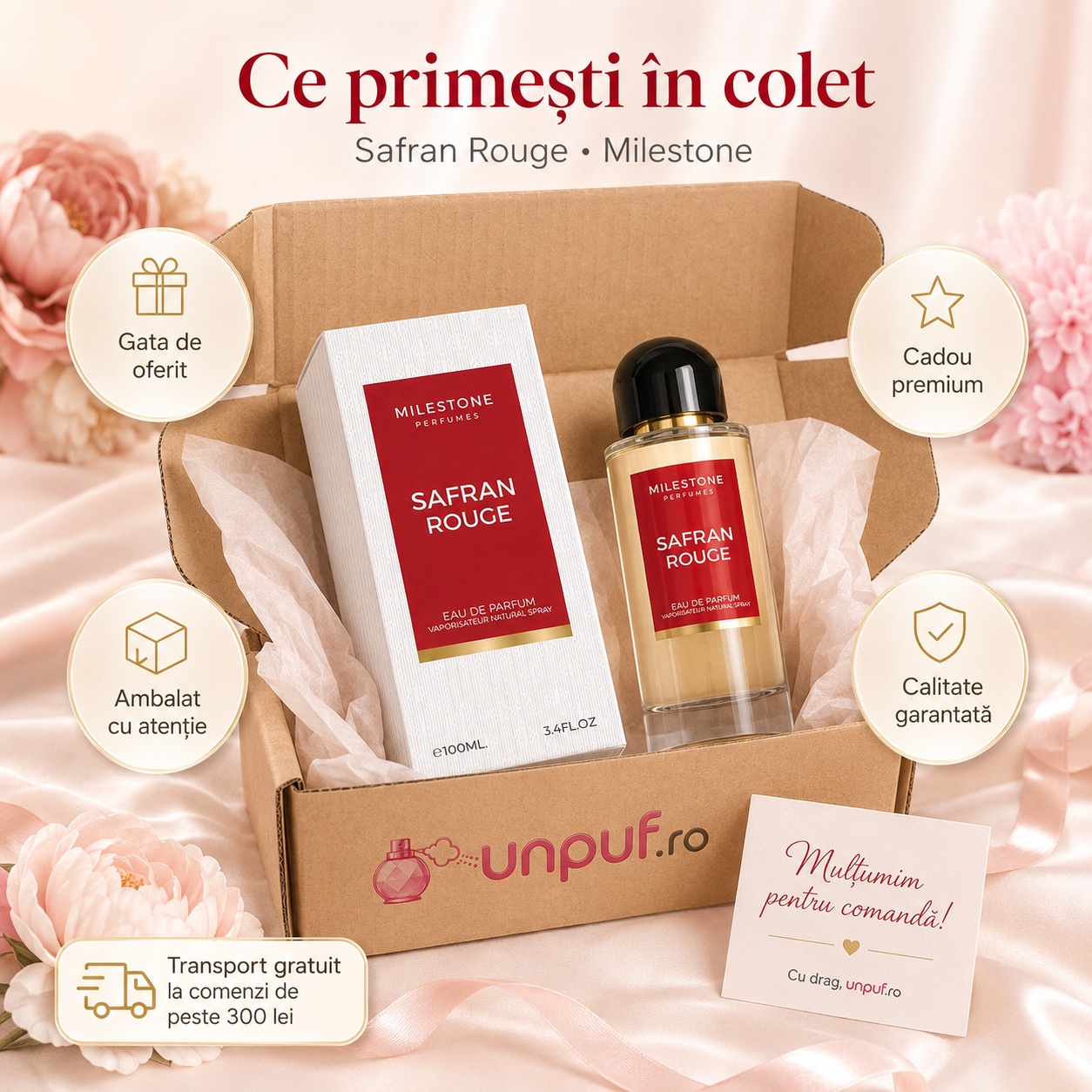 Ce primești &icirc;n colet Milestone Safran Rouge parfum arabesc de damă ambalat cu atenție de unpuf.ro