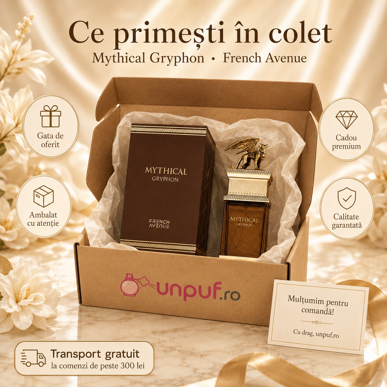 Ce primești &icirc;n colet Mythical Gryphon French Avenue parfum arabesc bărbătesc ambalat cu atenție de unpuf.ro