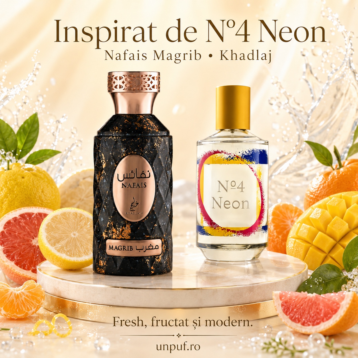 Nafais Magrib inspirat de Nº4 Neon Thomas Kosmala, parfum fresh, fructat și modern