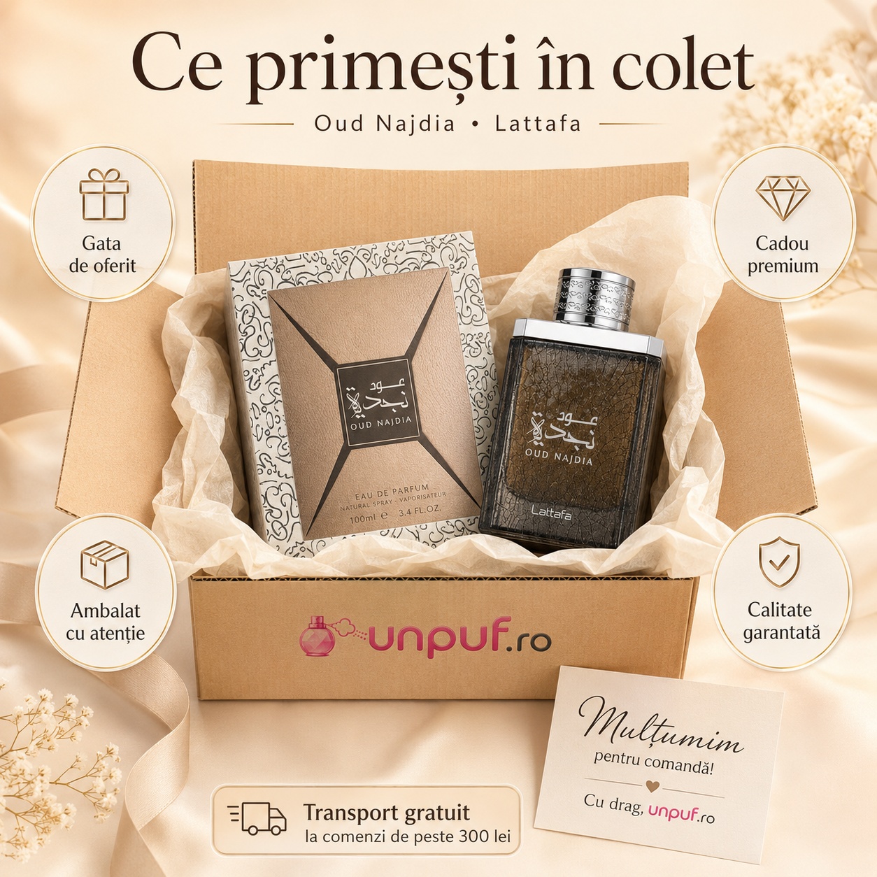 Ce primești &icirc;n colet Najdia Oud Lattafa parfum arabesc bărbătesc ambalat cu atenție de unpuf.ro