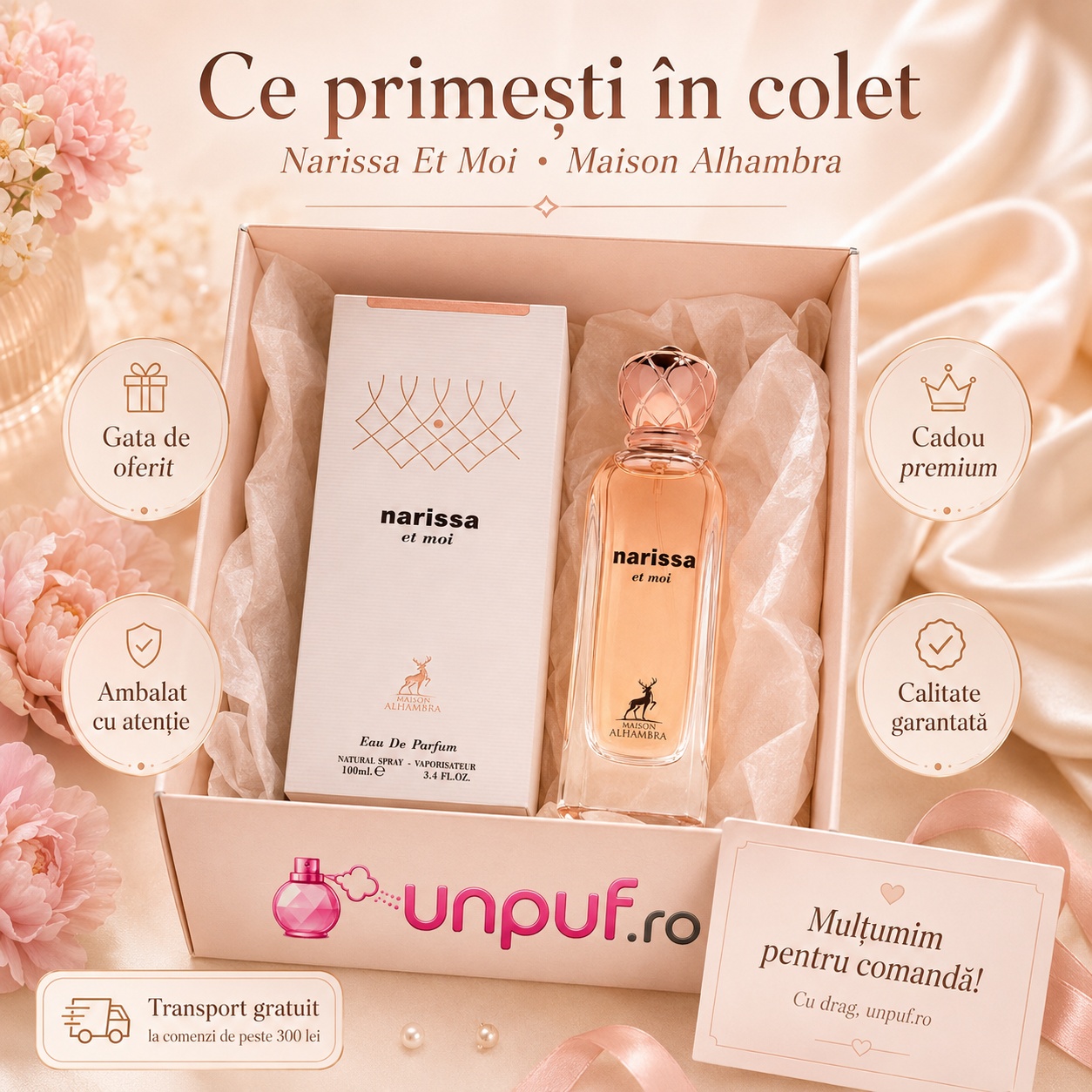 Ce primești &icirc;n colet Narissa Et Moi Maison Alhambra parfum arabesc de damă ambalat cu atenție de unpuf.ro