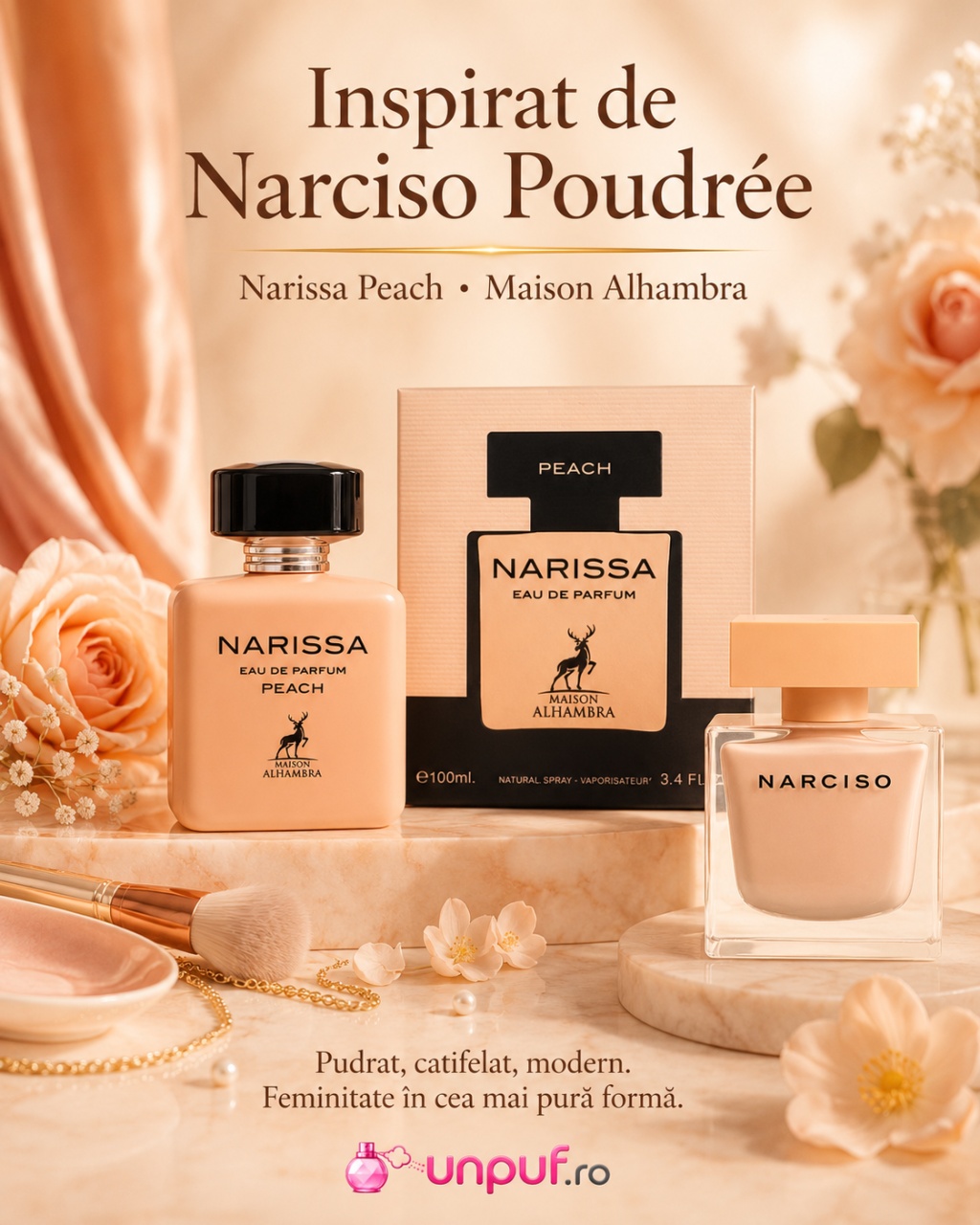 Narissa Peach Maison Alhambra inspirat de Narciso Poudree parfum pudrat, catifelat, modern și feminin