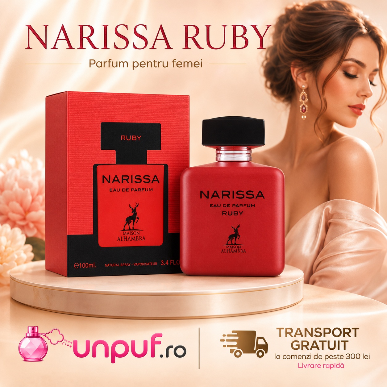 Prezentare parfum Narissa Ruby Maison Alhambra parfum pentru femei cu sticlă roșie și cutie premium