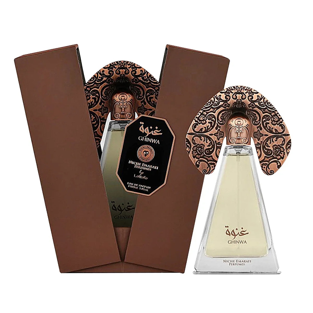 Niche Emarati Ghinwa Lattafa 100 ml sticlă și cutie produs pe fundal alb
