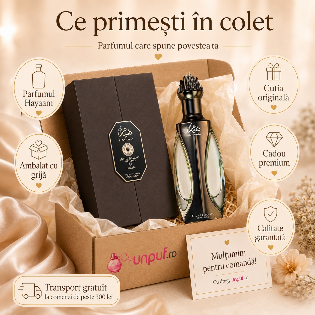 Ce primești &icirc;n colet Hayaam Niche Emarati parfum arabesc unisex ambalat cu atenție de unpuf.ro