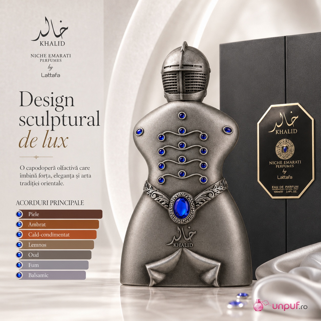 Niche Emarati Khalid design sculptural de lux cu acorduri principale piele, ambrat, cald condimentat, lemnos, oud, fum și balsamic