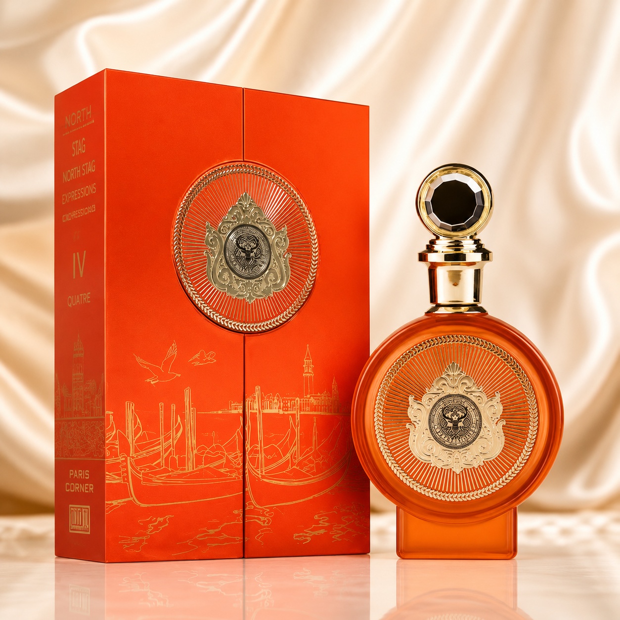 Parfum North Stag Expressions IV Quatre 100ml, sticlă portocalie elegantă și cutie premium cu detalii aurii