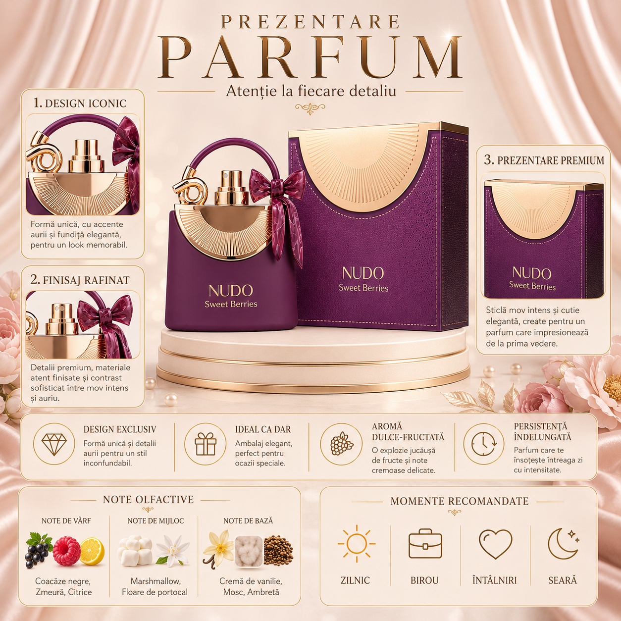 Prezentare parfum Nudo Sweet Berries cu design premium, note olfactive și momente recomandate