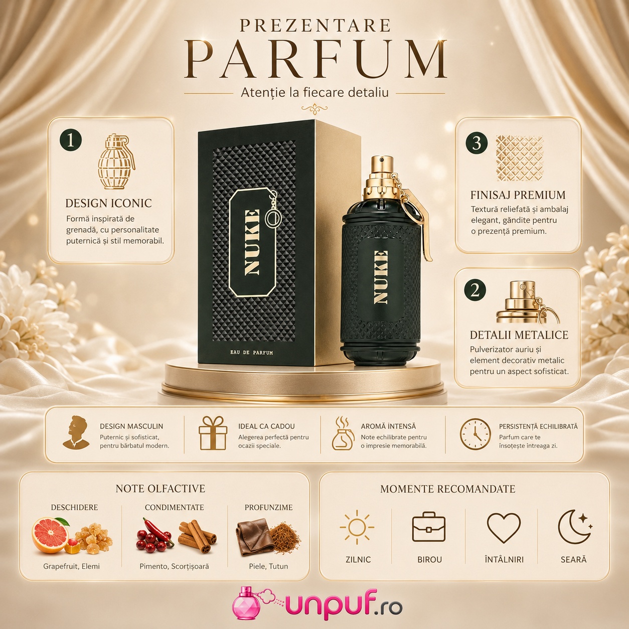Prezentare parfum Nuke Fragrance World cu design iconic, note de grapefruit, elemi, pimento, scorțișoară, piele și tutun