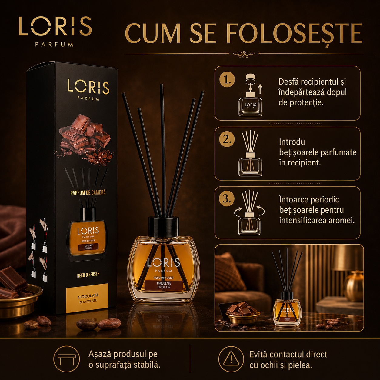 Cum se folosește odorizantul de cameră cu bețișoare parfumate Loris Parfum Chocolate