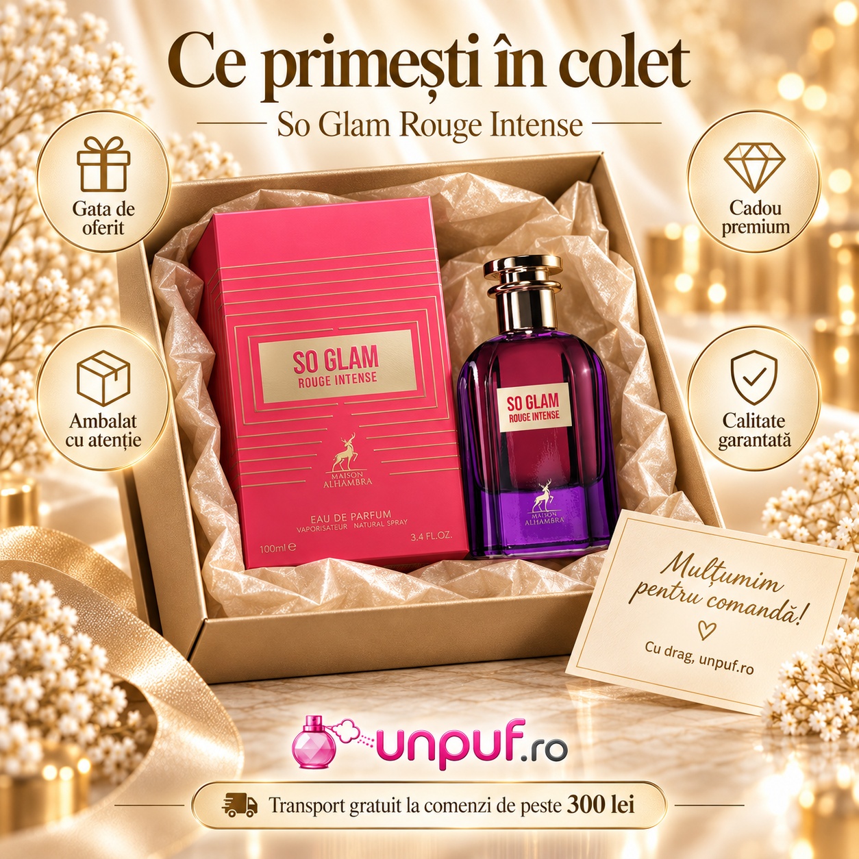 Ce primești în colet Parfum OEM So Glam Rouge Intense 100 ml cadou premium damă