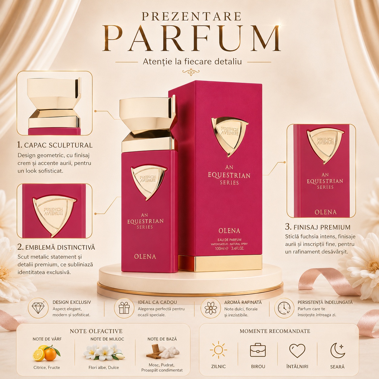 Prezentare parfum Olena An Equestrian Series cu flacon roz, detalii aurii, note olfactive și momente recomandate