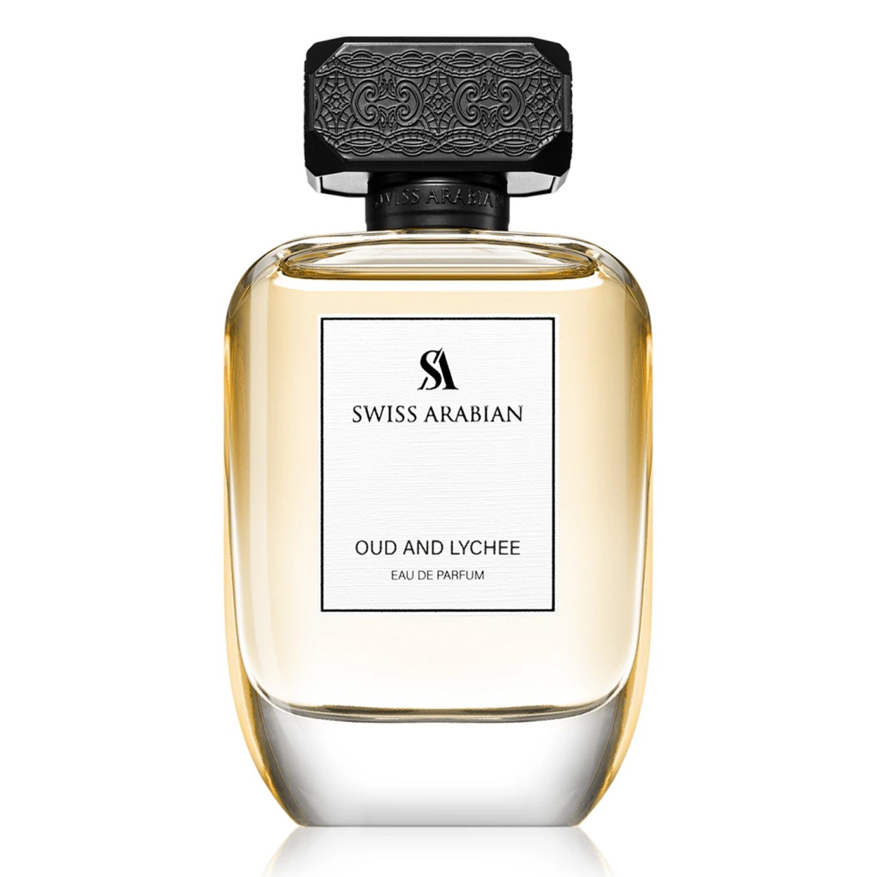Parfum Oud and Lychee Swiss Arabian 100 ml pe fundal alb cu flacon original și capac negru ornamentat