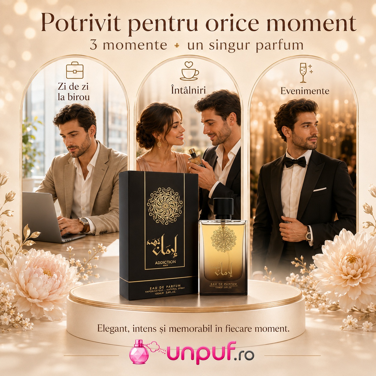 Parfum Ozareej Addiction Gold potrivit pentru zi de zi, birou, întâlniri și evenimente speciale