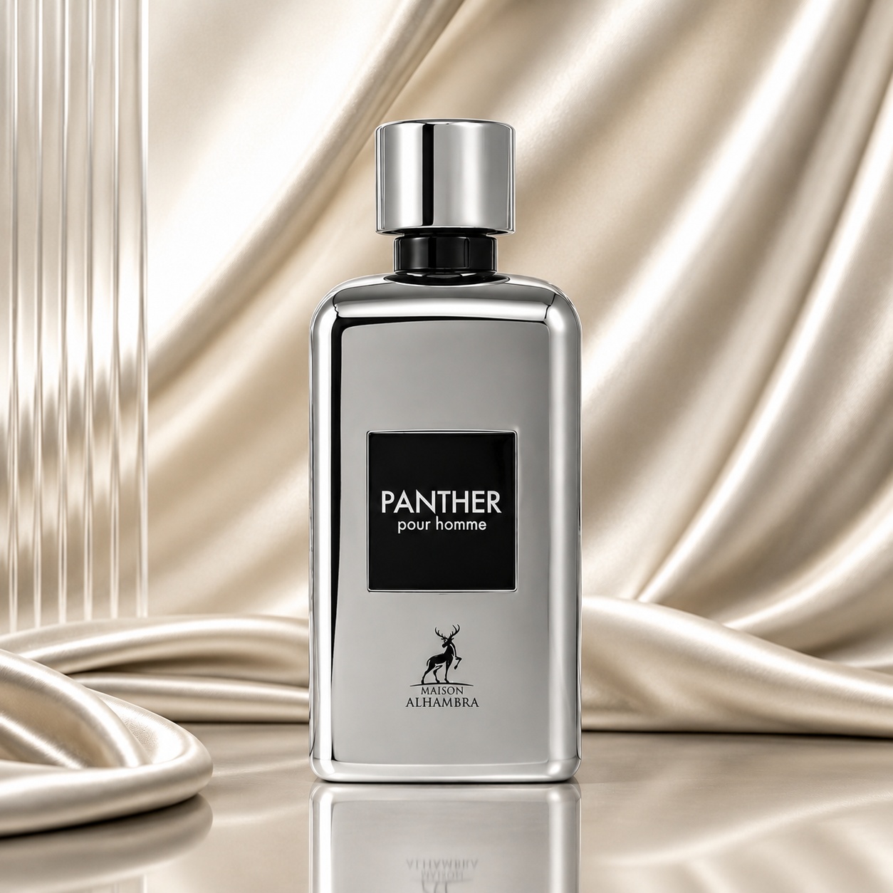 Sticlă parfum Panther Pour Homme Maison Alhambra 100 ml argintie cu capac cromat și etichetă neagră minimalistă