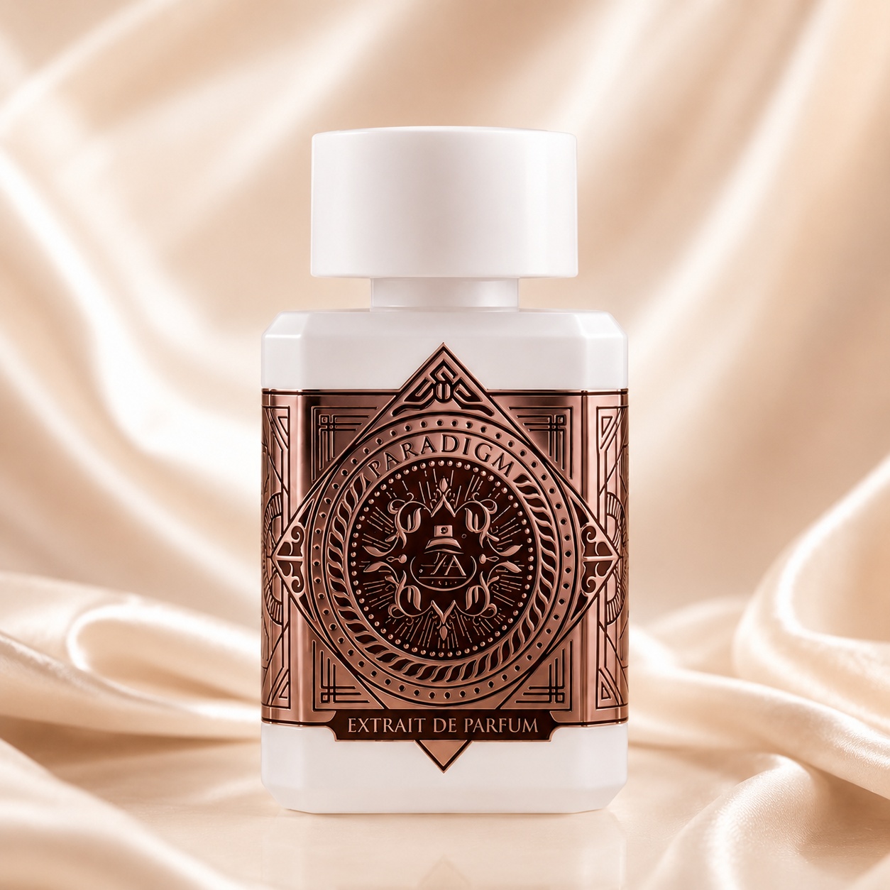 Sticlă parfum Paradigm French Avenue 80 ml alb mat cu placă rose gold și design emblematic premium