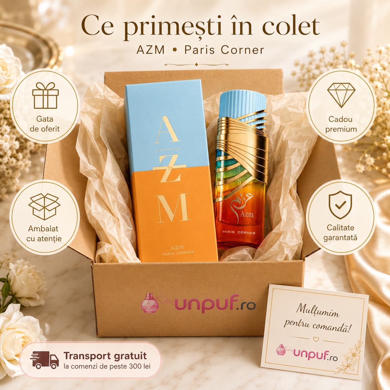 Ce primești în colet Paris Corner Azm 100 ml, parfum original și ambalaj premium