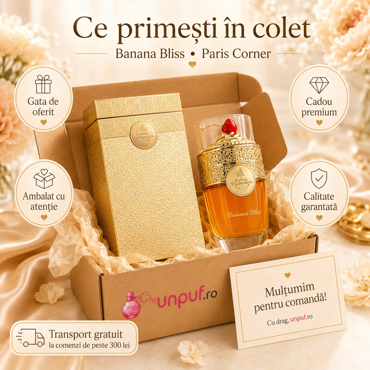 Ce primești în colet Paris Corner Banana Bliss 100 ml, parfum original ambalat cu atenție și cadou premium