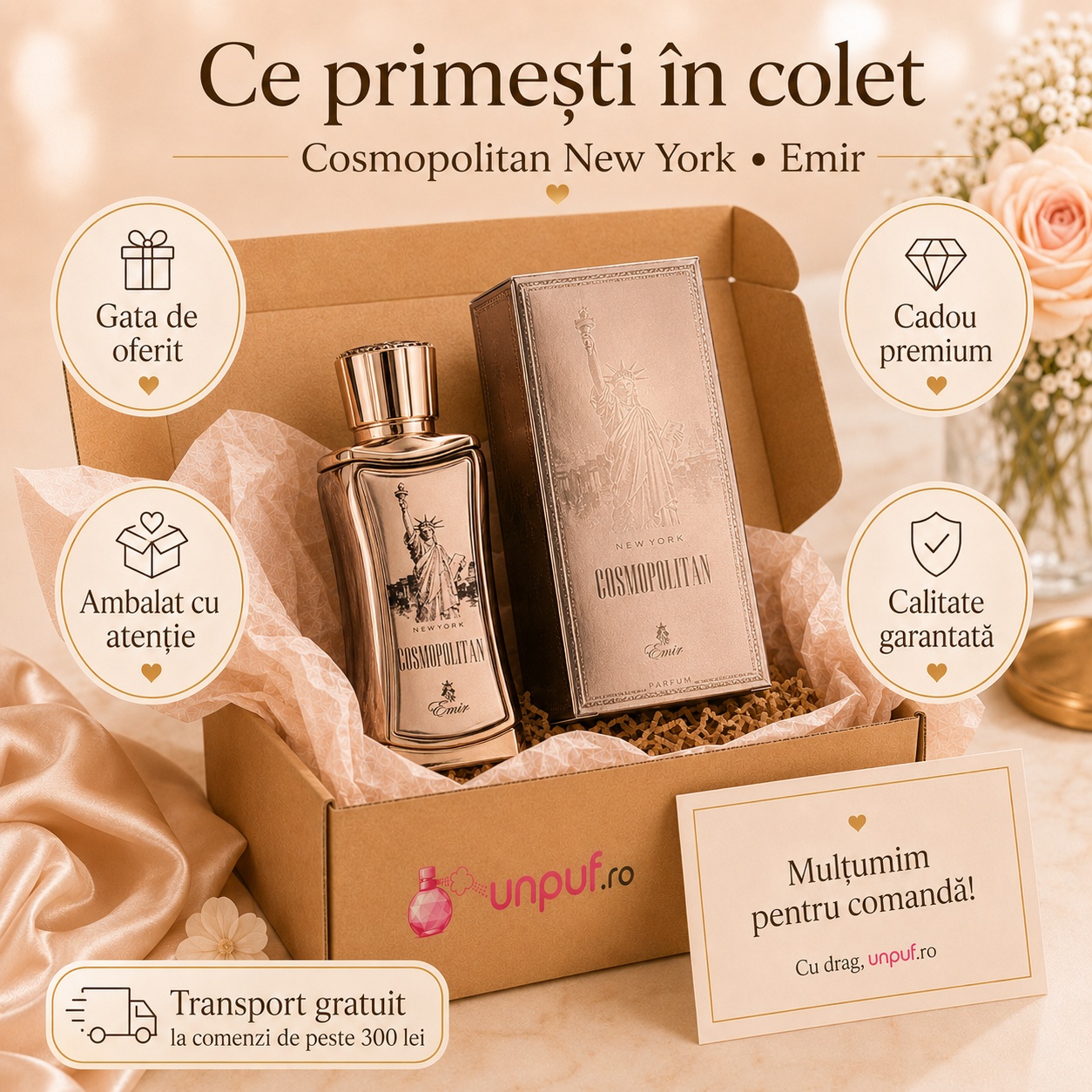 Ce primești în colet Paris Corner Cosmopolitan New York 85 ml, parfum original și ambalaj premium