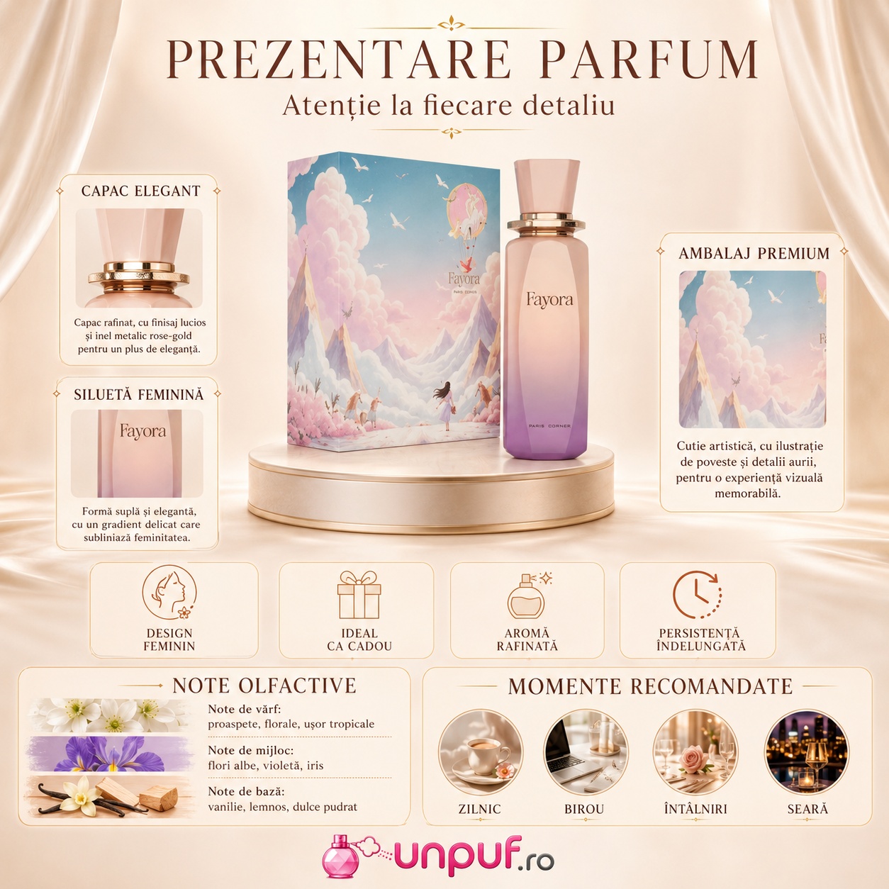 Prezentare parfum Paris Corner Fayora cu flacon, cutie, note olfactive și momente recomandate