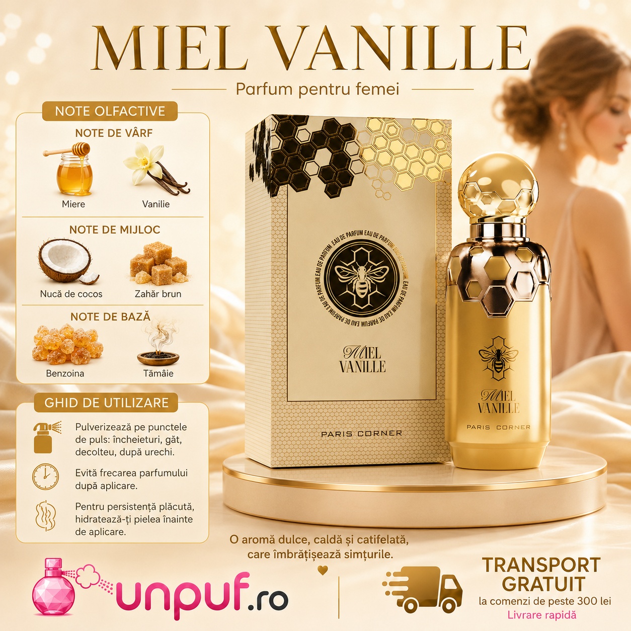 Miel Vanille Paris Corner note olfactive miere vanilie nucă de cocos zahăr brun benzoină și tăm&acirc;ie