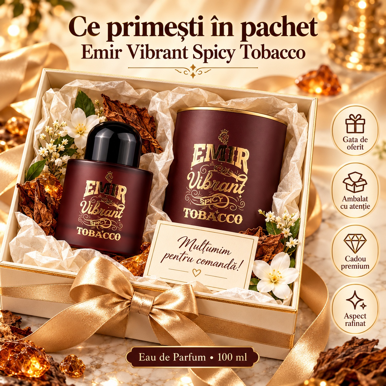 Ce primești în pachet Emir Vibrant Spicy Tobacco Paris Corner Eau de Parfum 100 ml ambalat premium pentru cadou
