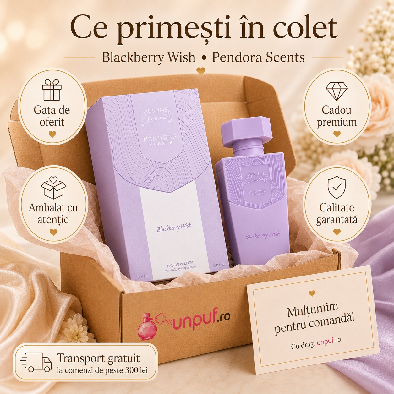 Ce primești în colet Pendora Scents Blackberry Wish Sublime 100 ml, produs sigilat, ambalare premium și transport gratuit peste 300 lei