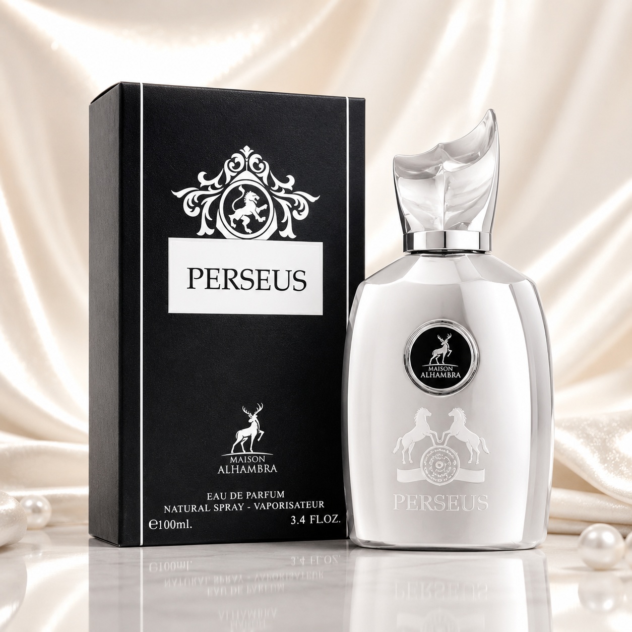 Parfum Arăbesc Perseus Maison Alhambra EDP 100 ml Bărbat cu flacon alb perlat, reflexii argintii și cutie neagră premium