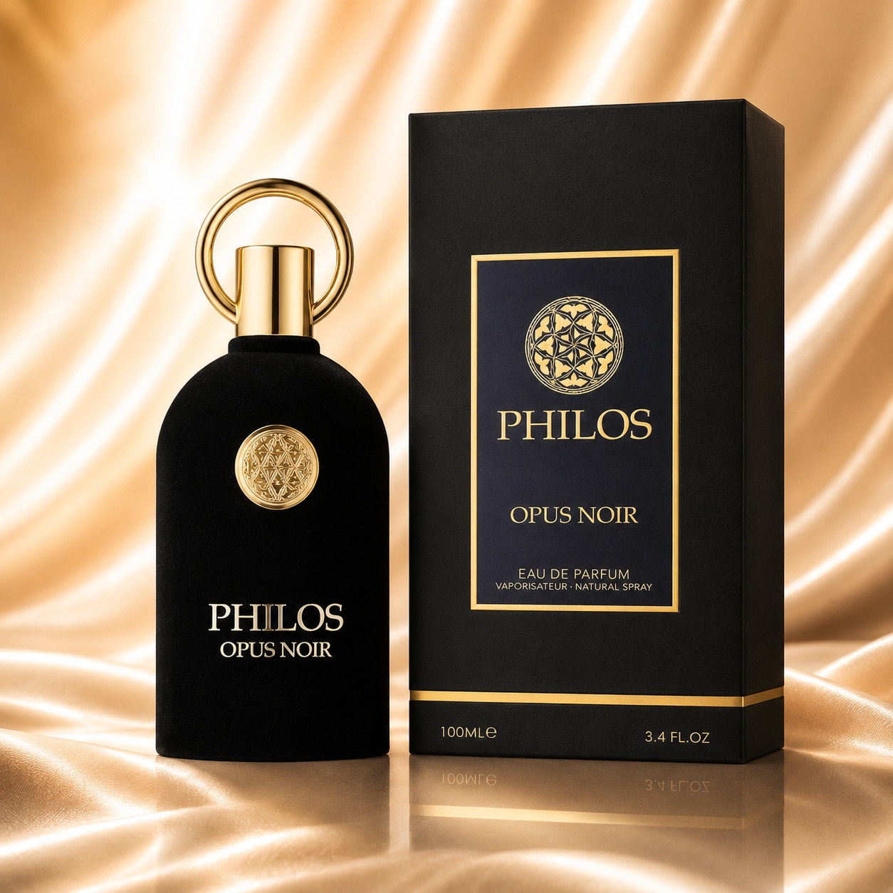 Parfum Arăbesc Philos Opus Noir Maison Alhambra EDP 100 ml Unisex cu flacon negru catifelat, capac auriu circular și cutie neagră premium
