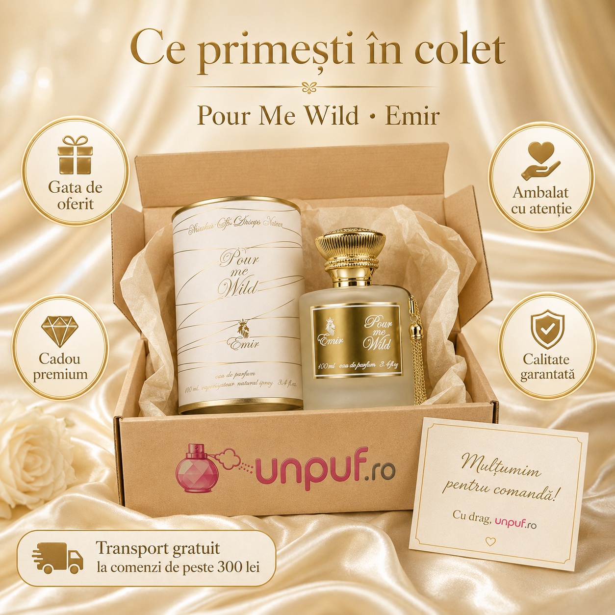 Ce primești &icirc;n colet Parfum Pour Me Wild Emir 100 ml ambalat cu atenție gata de oferit cadou