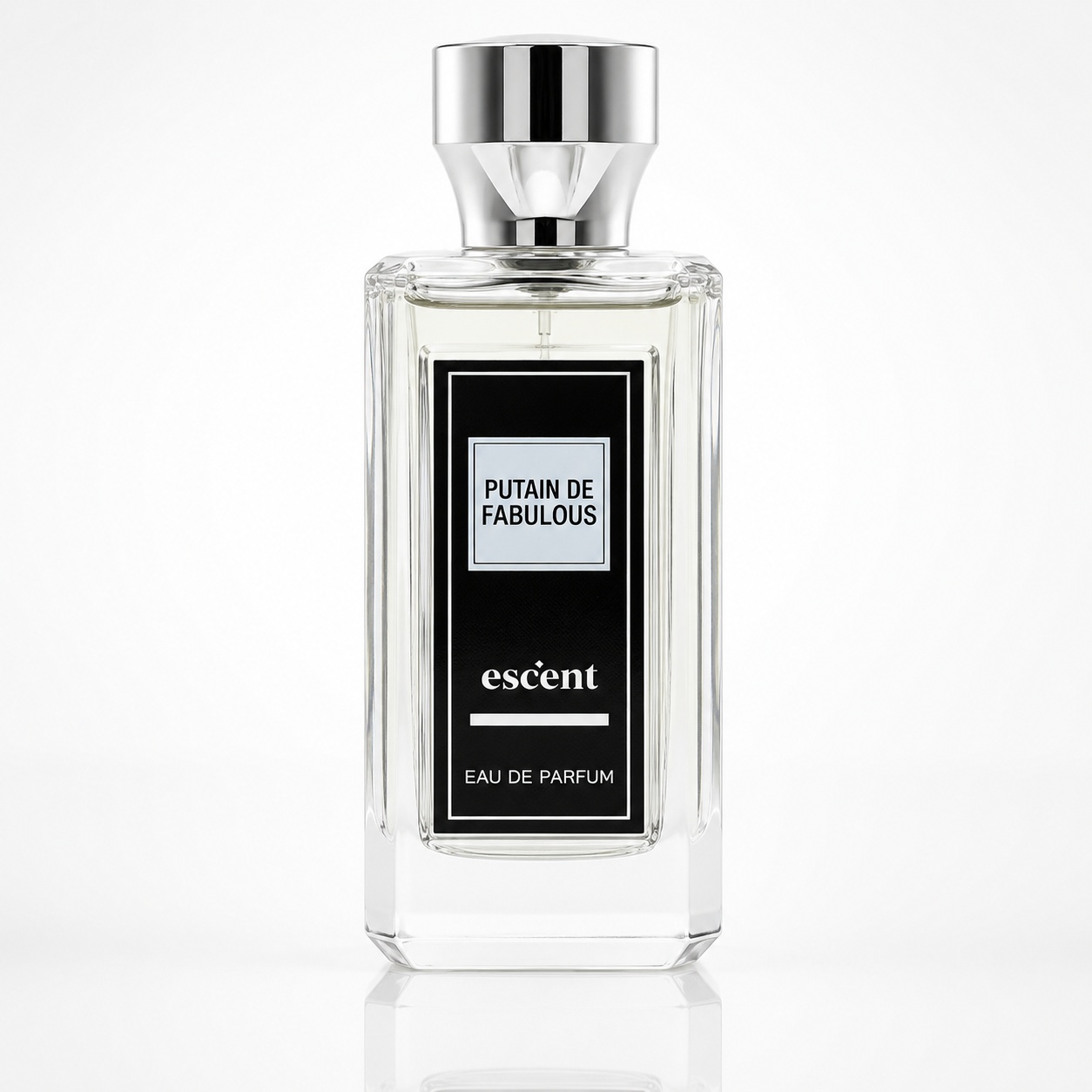 Flacon Putain De Fabulous Escent 100 ml transparent cu etichetă neagră și capac argintiu premium